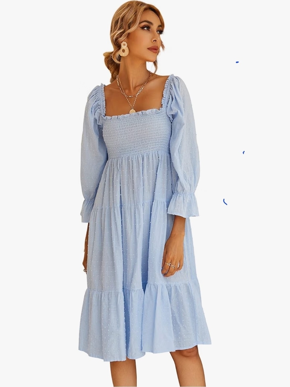 Light Blue Smocked Midi Dress with Puff Sleeves